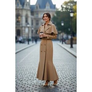 DESIGNER 7 BEIGE DOUBLE BREASTED CAPE MERMAID HEM LONG TRENCH COAT SIZE MED